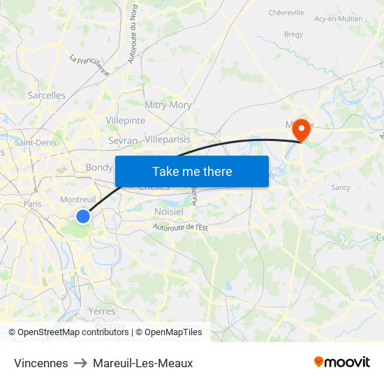 Vincennes to Mareuil-Les-Meaux map