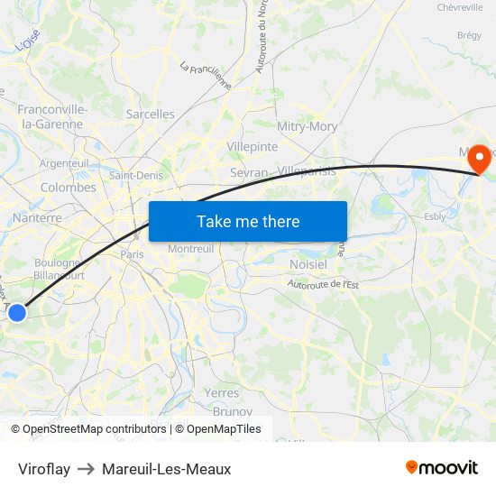 Viroflay to Mareuil-Les-Meaux map