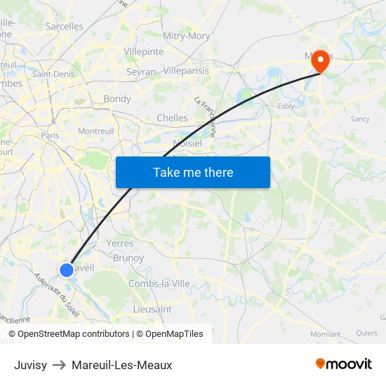 Juvisy to Mareuil-Les-Meaux map