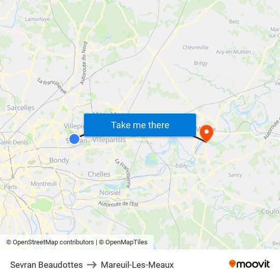 Sevran Beaudottes to Mareuil-Les-Meaux map
