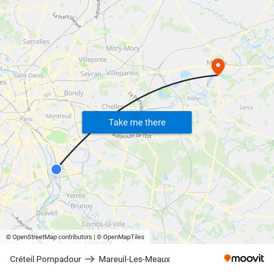 Créteil Pompadour to Mareuil-Les-Meaux map