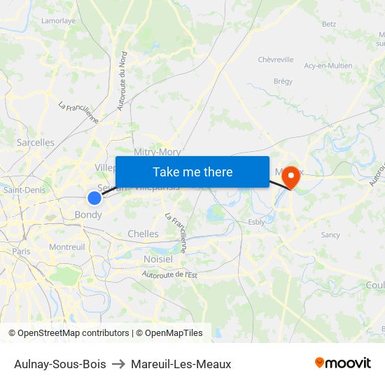 Aulnay-Sous-Bois to Mareuil-Les-Meaux map