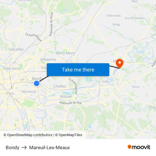 Bondy to Mareuil-Les-Meaux map