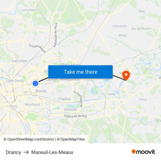 Drancy to Mareuil-Les-Meaux map