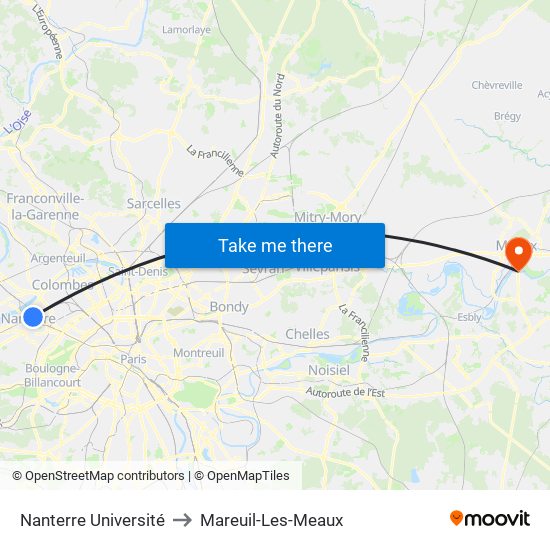 Nanterre Université to Mareuil-Les-Meaux map