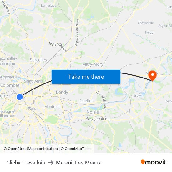 Clichy - Levallois to Mareuil-Les-Meaux map