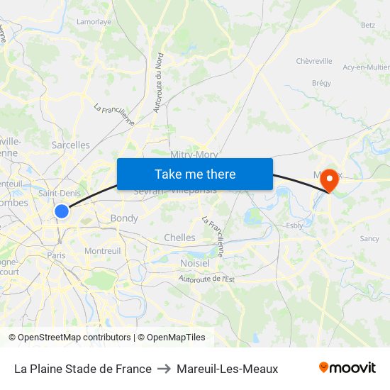 La Plaine Stade de France to Mareuil-Les-Meaux map