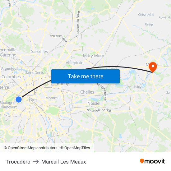 Trocadéro to Mareuil-Les-Meaux map