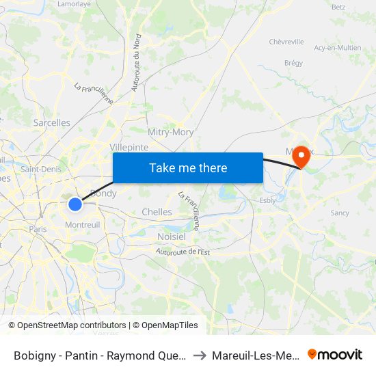 Bobigny - Pantin - Raymond Queneau to Mareuil-Les-Meaux map