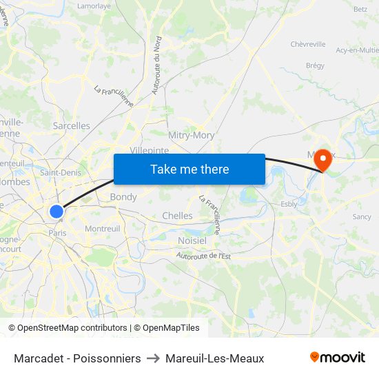 Marcadet - Poissonniers to Mareuil-Les-Meaux map