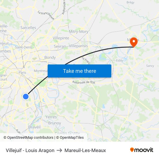 Villejuif - Louis Aragon to Mareuil-Les-Meaux map