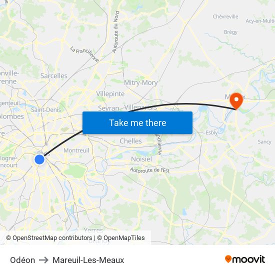 Odéon to Mareuil-Les-Meaux map