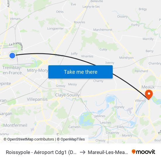 Roissypole - Aéroport Cdg1 (D3) to Mareuil-Les-Meaux map