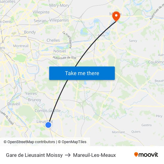 Gare de Lieusaint Moissy to Mareuil-Les-Meaux map