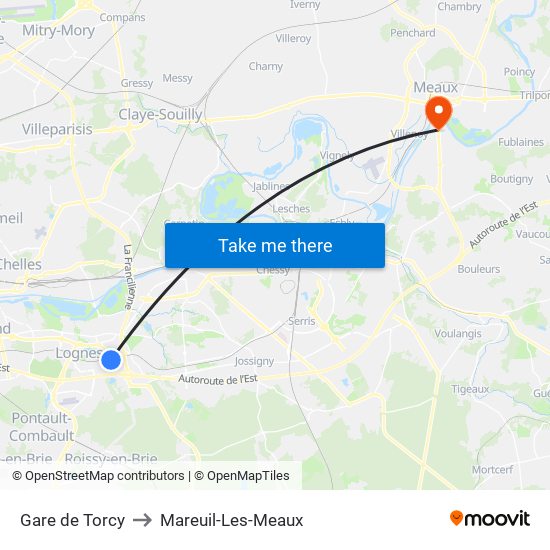 Gare de Torcy to Mareuil-Les-Meaux map