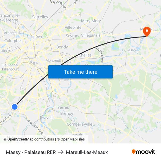 Massy - Palaiseau RER to Mareuil-Les-Meaux map