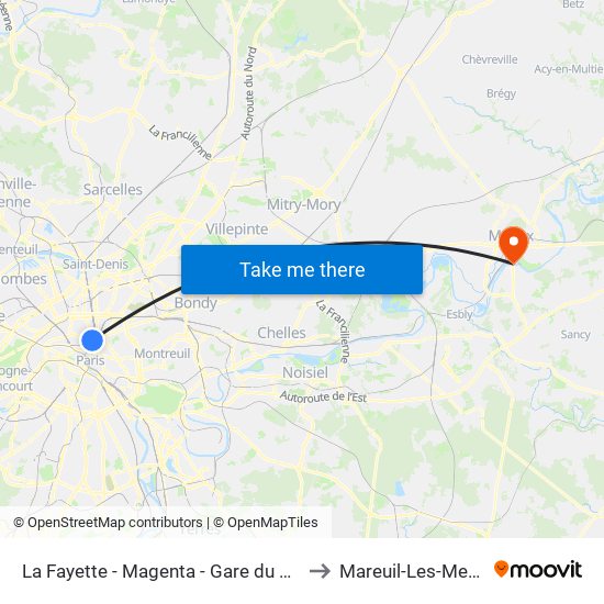 La Fayette - Magenta - Gare du Nord to Mareuil-Les-Meaux map