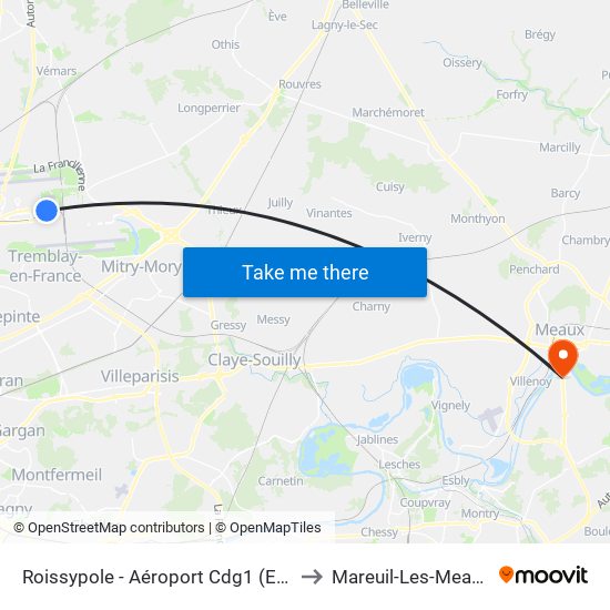 Roissypole - Aéroport Cdg1 (E2) to Mareuil-Les-Meaux map
