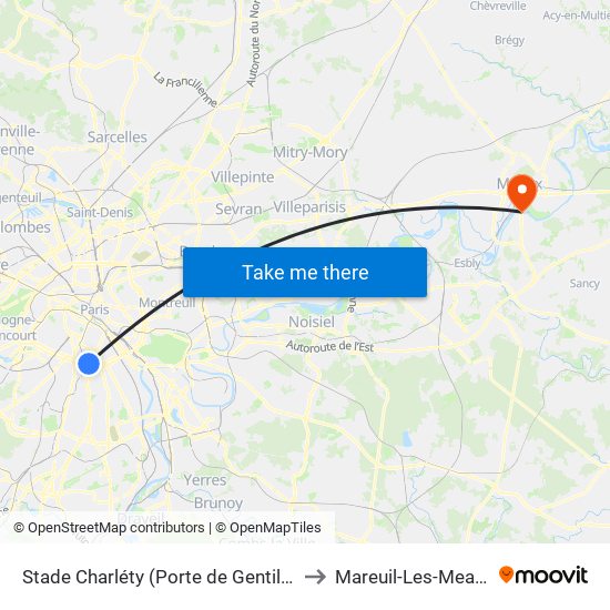 Stade Charléty (Porte de Gentilly) to Mareuil-Les-Meaux map