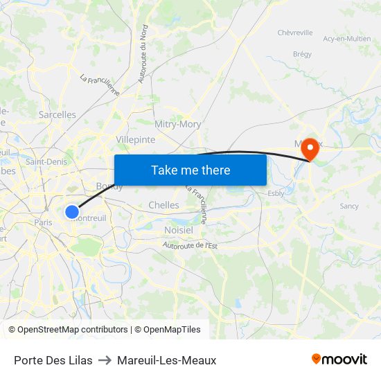 Porte Des Lilas to Mareuil-Les-Meaux map