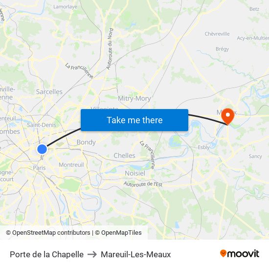 Porte de la Chapelle to Mareuil-Les-Meaux map