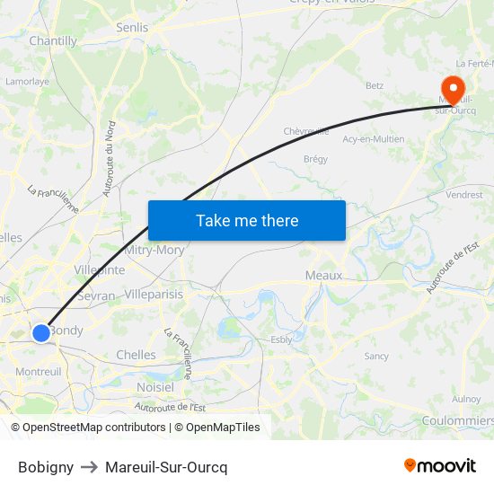 Bobigny to Mareuil-Sur-Ourcq map