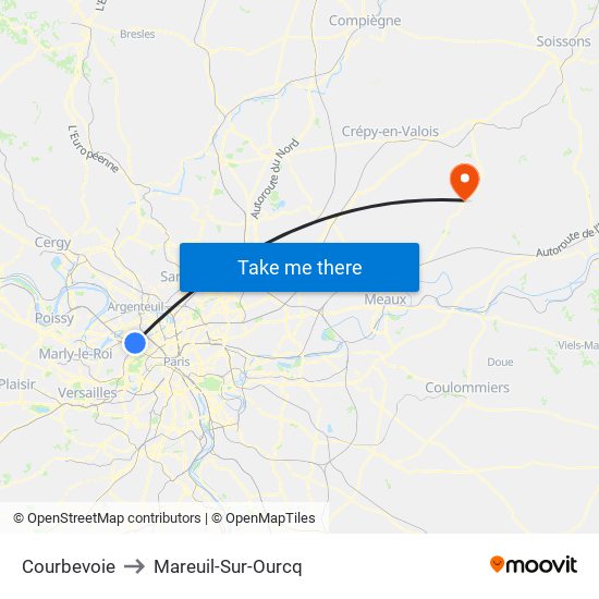 Courbevoie to Mareuil-Sur-Ourcq map