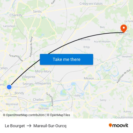Le Bourget to Mareuil-Sur-Ourcq map