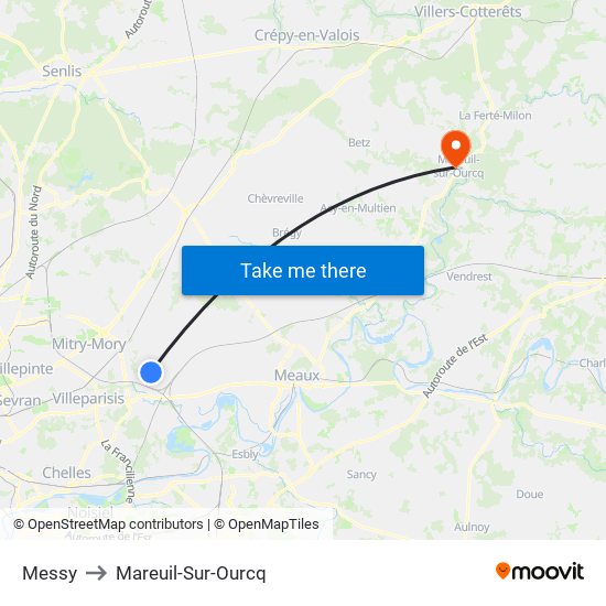 Messy to Mareuil-Sur-Ourcq map