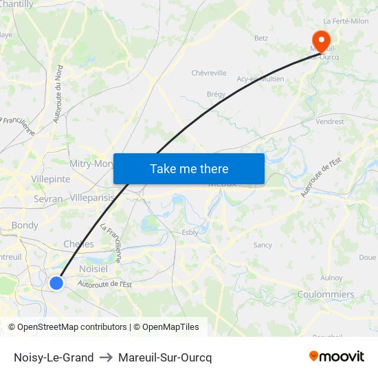 Noisy-Le-Grand to Mareuil-Sur-Ourcq map