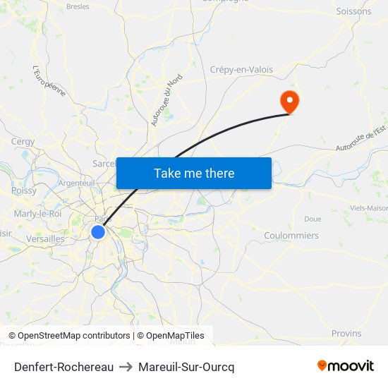 Denfert-Rochereau to Mareuil-Sur-Ourcq map