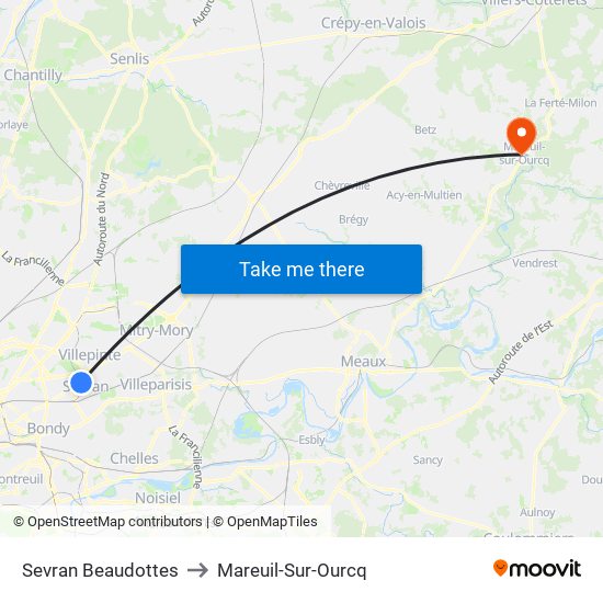 Sevran Beaudottes to Mareuil-Sur-Ourcq map