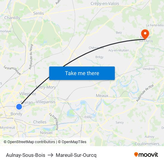 Aulnay-Sous-Bois to Mareuil-Sur-Ourcq map