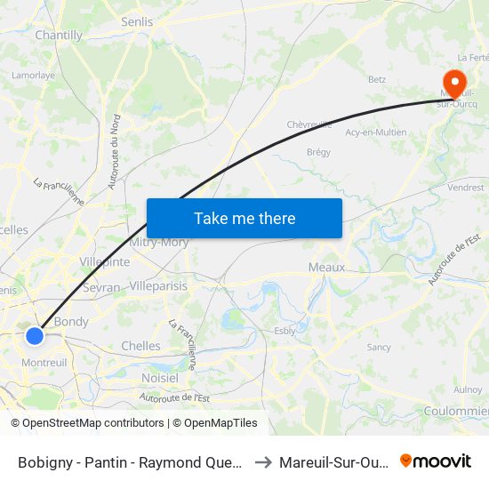 Bobigny - Pantin - Raymond Queneau to Mareuil-Sur-Ourcq map