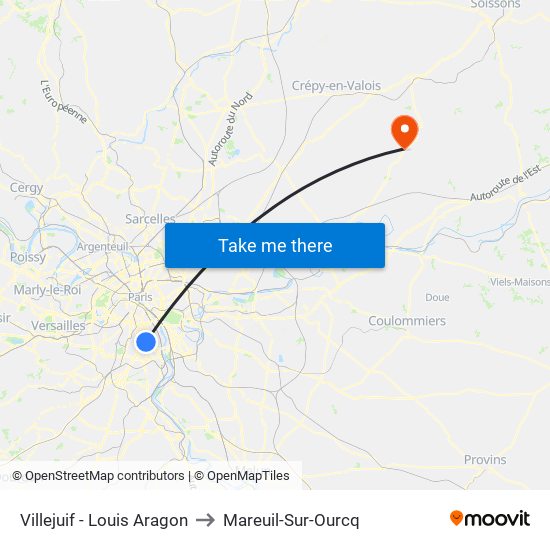 Villejuif - Louis Aragon to Mareuil-Sur-Ourcq map