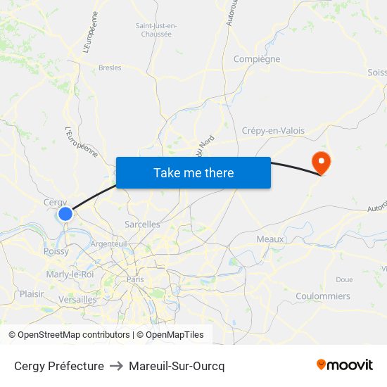 Cergy Préfecture to Mareuil-Sur-Ourcq map