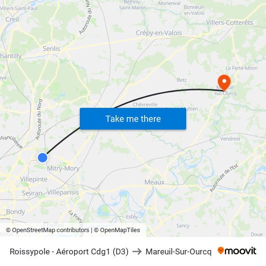 Roissypole - Aéroport Cdg1 (D3) to Mareuil-Sur-Ourcq map