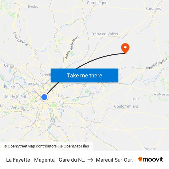 La Fayette - Magenta - Gare du Nord to Mareuil-Sur-Ourcq map