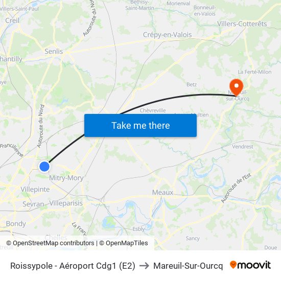 Roissypole - Aéroport Cdg1 (E2) to Mareuil-Sur-Ourcq map