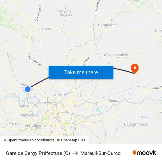 Gare de Cergy Préfecture (C) to Mareuil-Sur-Ourcq map