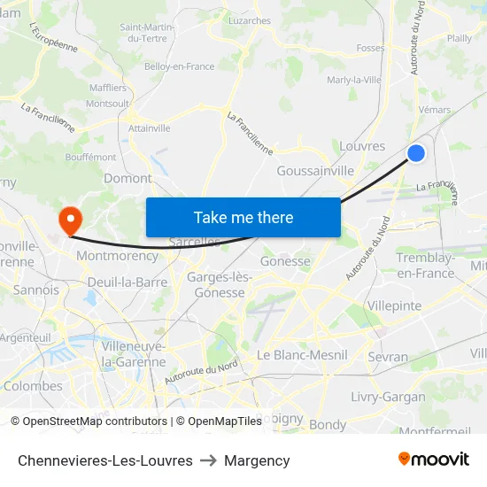 Chennevieres-Les-Louvres to Margency map