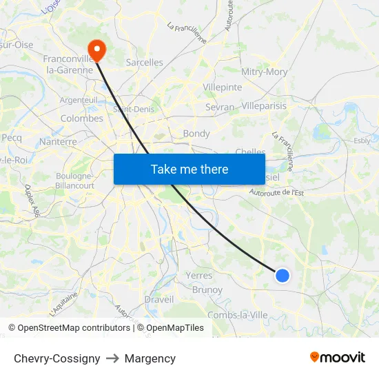 Chevry-Cossigny to Margency map