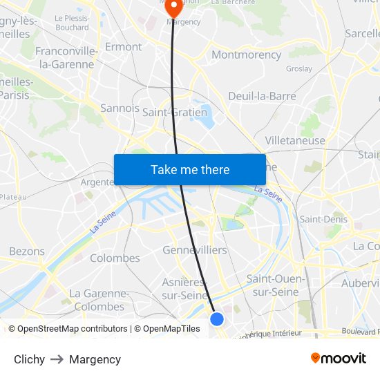 Clichy to Margency map