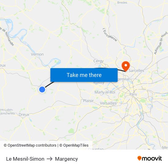 Le Mesnil-Simon to Margency map