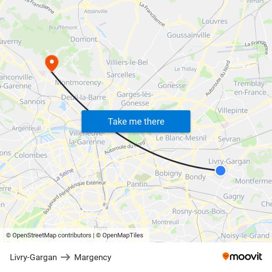 Livry-Gargan to Margency map