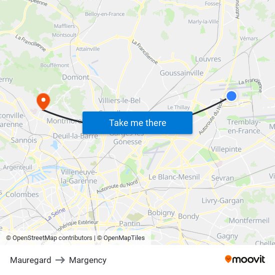 Mauregard to Margency map