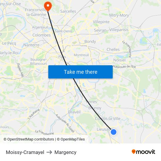 Moissy-Cramayel to Margency map