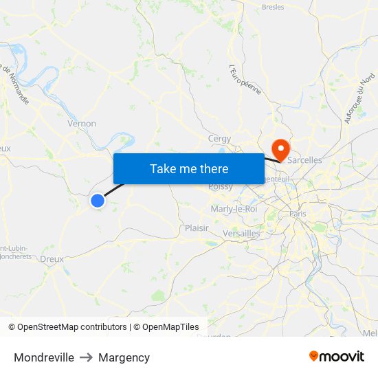Mondreville to Margency map