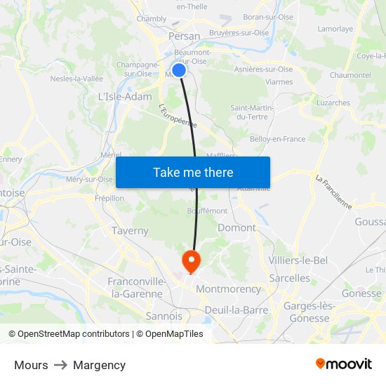 Mours to Margency map