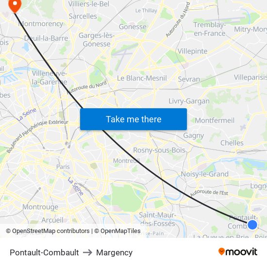 Pontault-Combault to Margency map